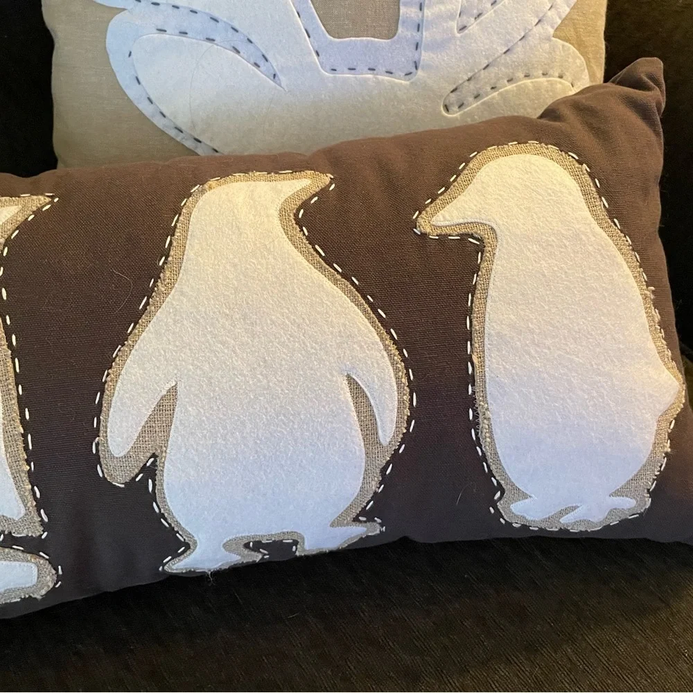 Like new WEST ELM winter owl reindeer penguin appliqué set of 4 linen pillows